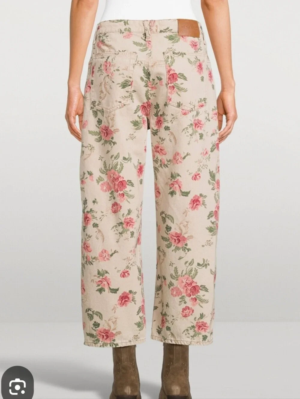 Free People Cream Floral Wide-Leg Pants with Pink Roses